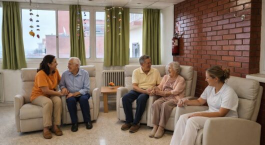 Sala común en centro especializado en Alzheimer con residentes y atención profesional