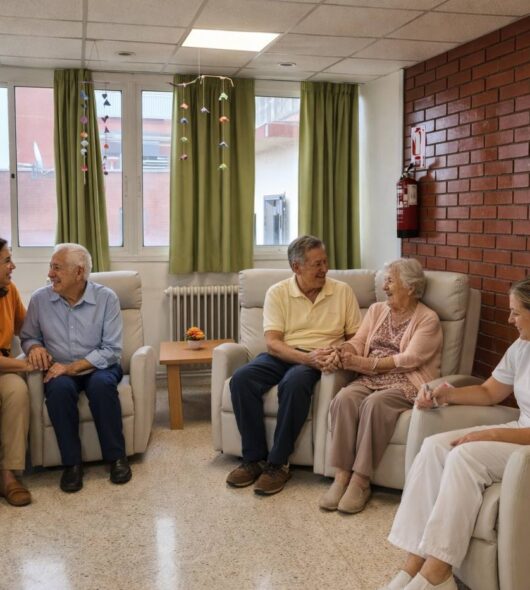 Sala común en centro especializado en Alzheimer con residentes y atención profesional
