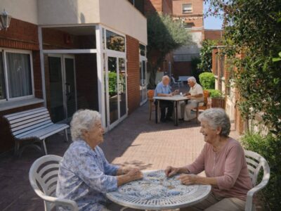 Terraza ajardinada en centro especializado en Alzheimer fomentando la convivencia al aire libre